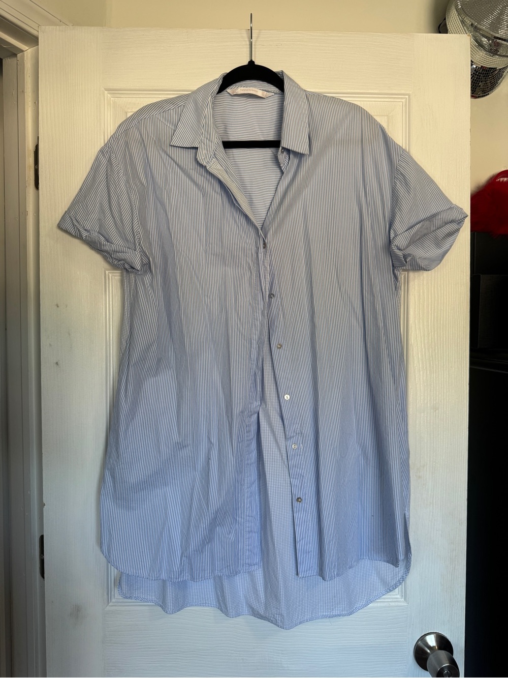 Zara Light Blue Pinstripe Casual Button-Down Shirt Dress